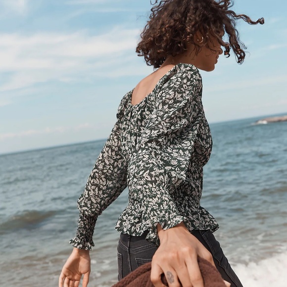 Madewell | Georgette Square-Neck Smock-Waist Top in Forest Leaves - Picture 6 of 6